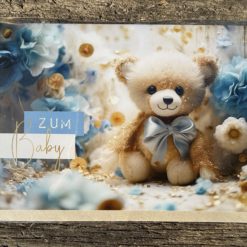 Klappkarte: „zum Baby“ Teddy Geburt blau