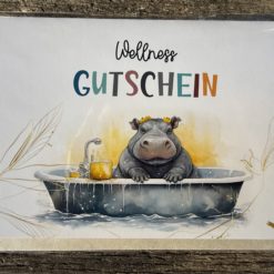 Klappkarte: "Wellness Gutschein“ Flusspferd , Hippo, Watercolor