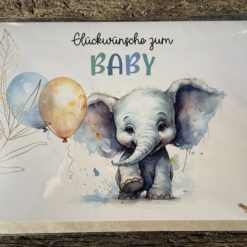 Klappkarte: "Glückwünsche zum Baby“ Babyelefant Watercolor